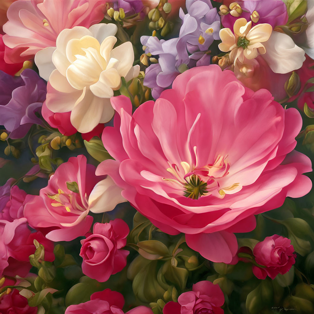 Colorful Floral Painting with Large Pink Blossom and Lush Greenery