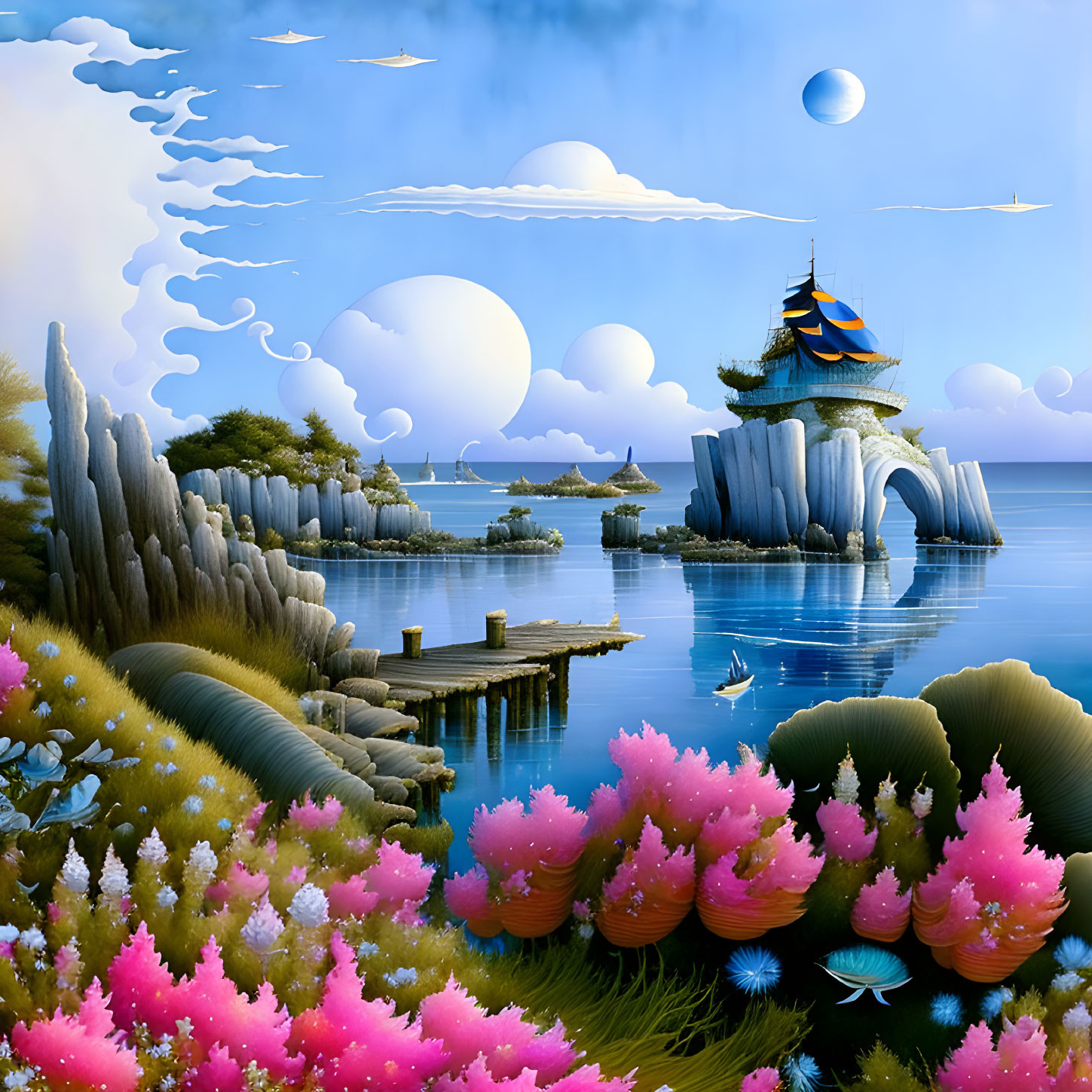 Colorful Pagoda on Rock Islet Surrounded by Pink and White Flora