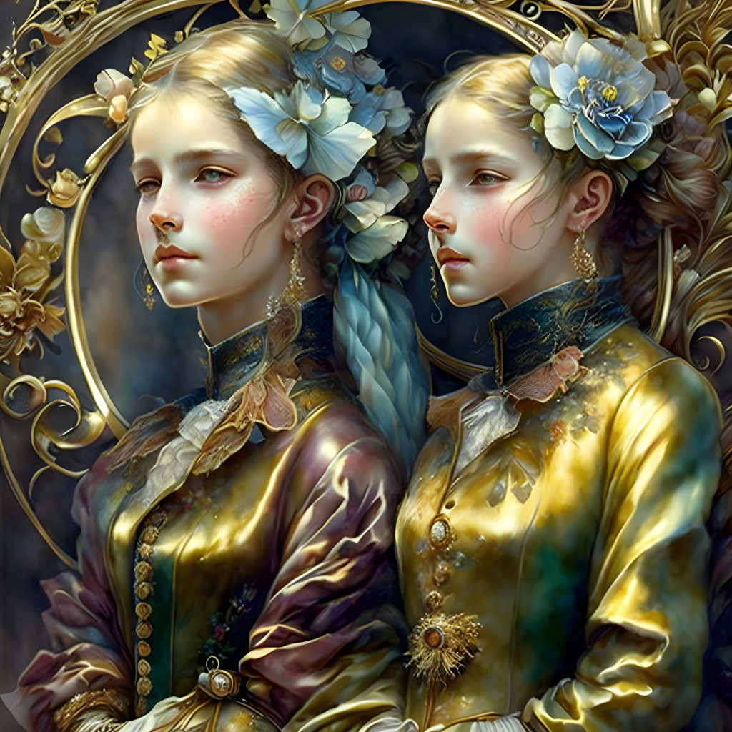 Digital artwork featuring two young women in vintage attire, adorned with flowers, gazing into antique mirror