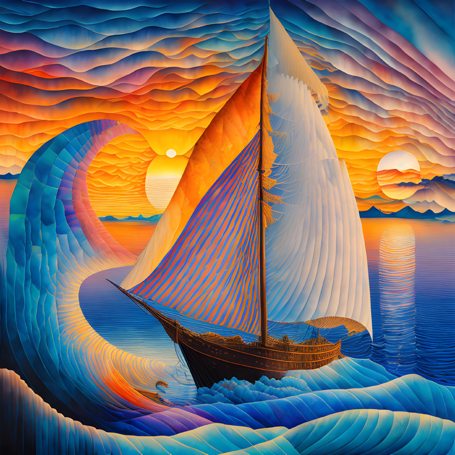 Colorful digital artwork: Sailboat on stylized waves under sunset sky