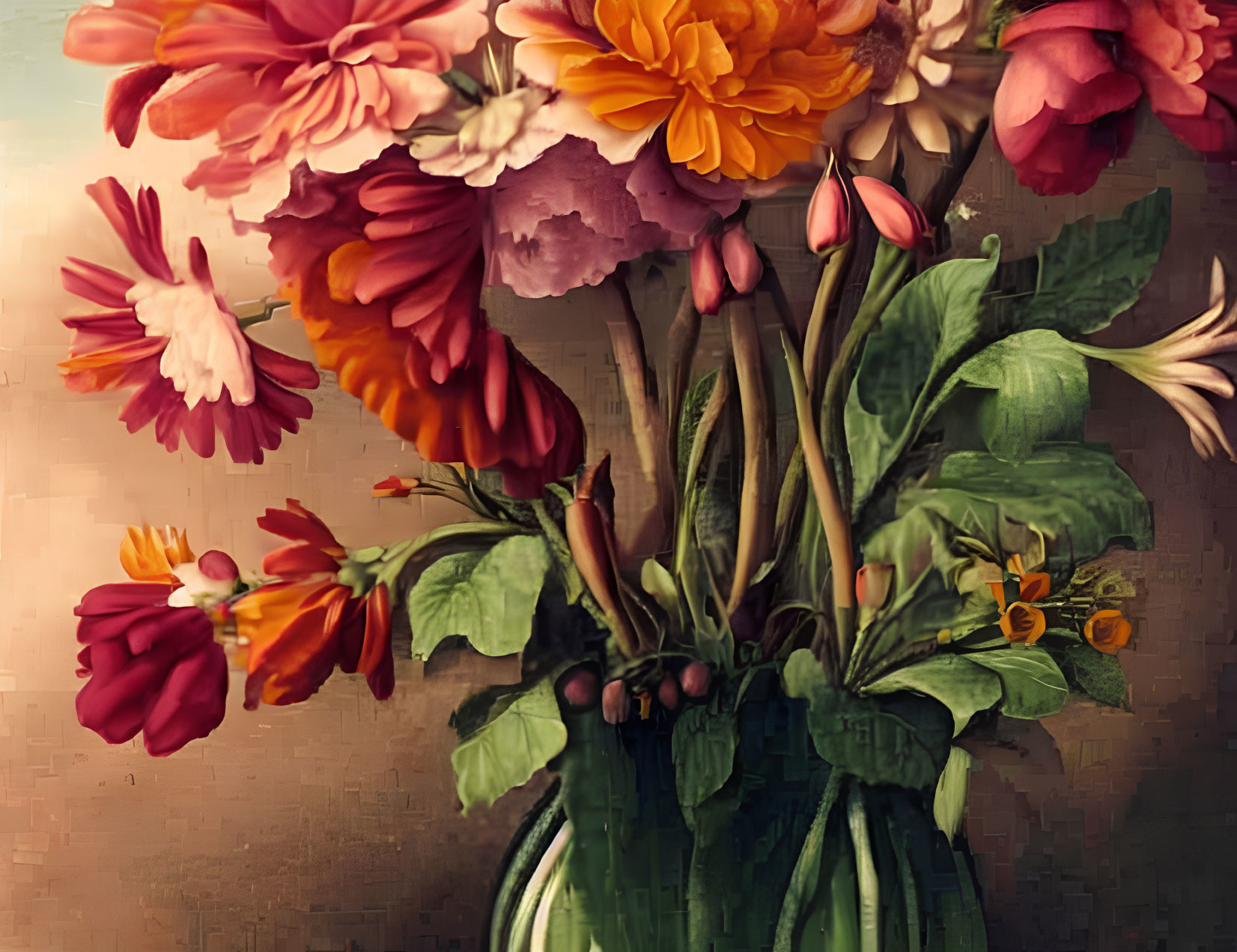 Colorful Bouquet of Red, Yellow, and Pink Flowers on Muted Background