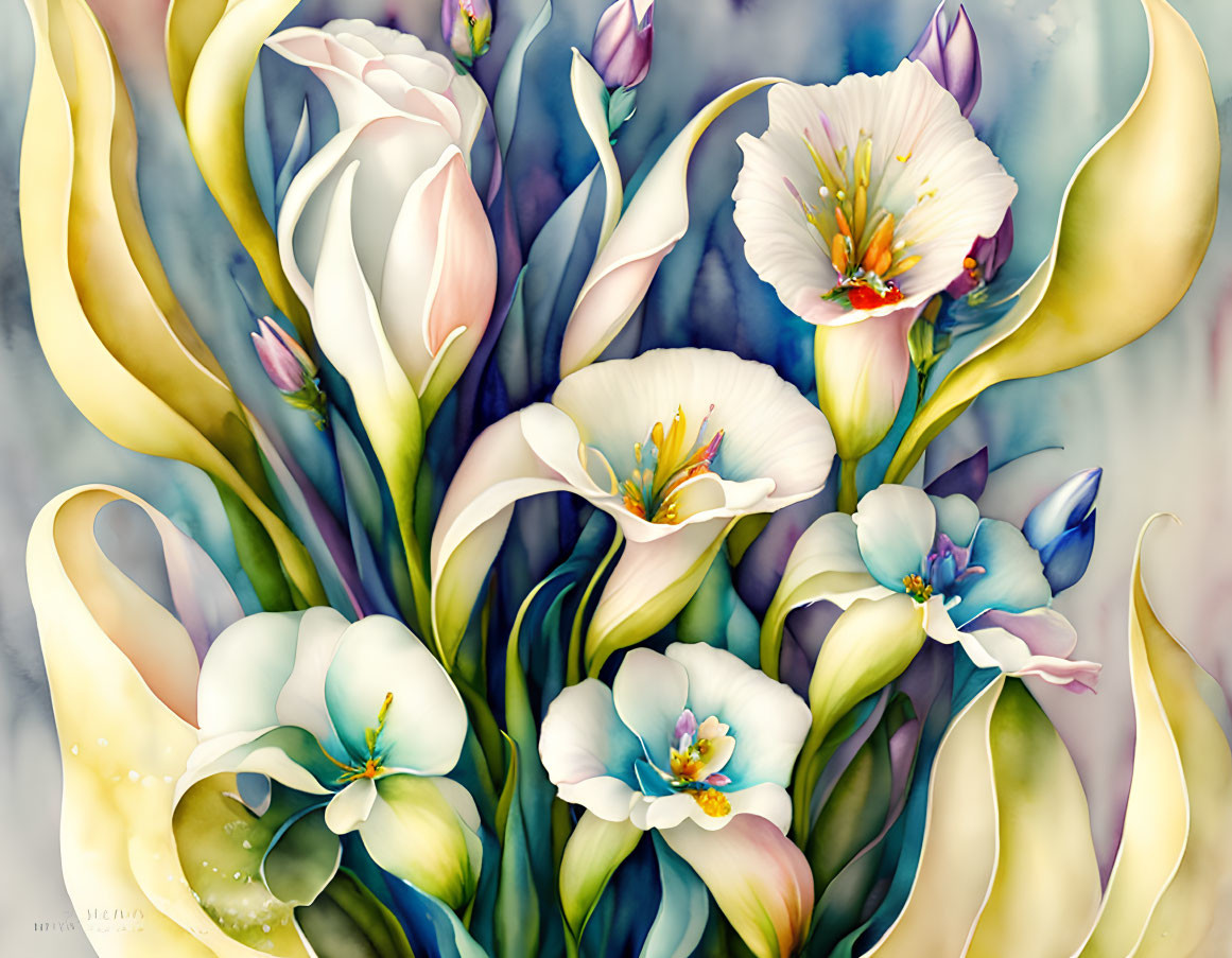 Colorful Stylized White Flowers with Yellow and Blue Accents on Textured Background