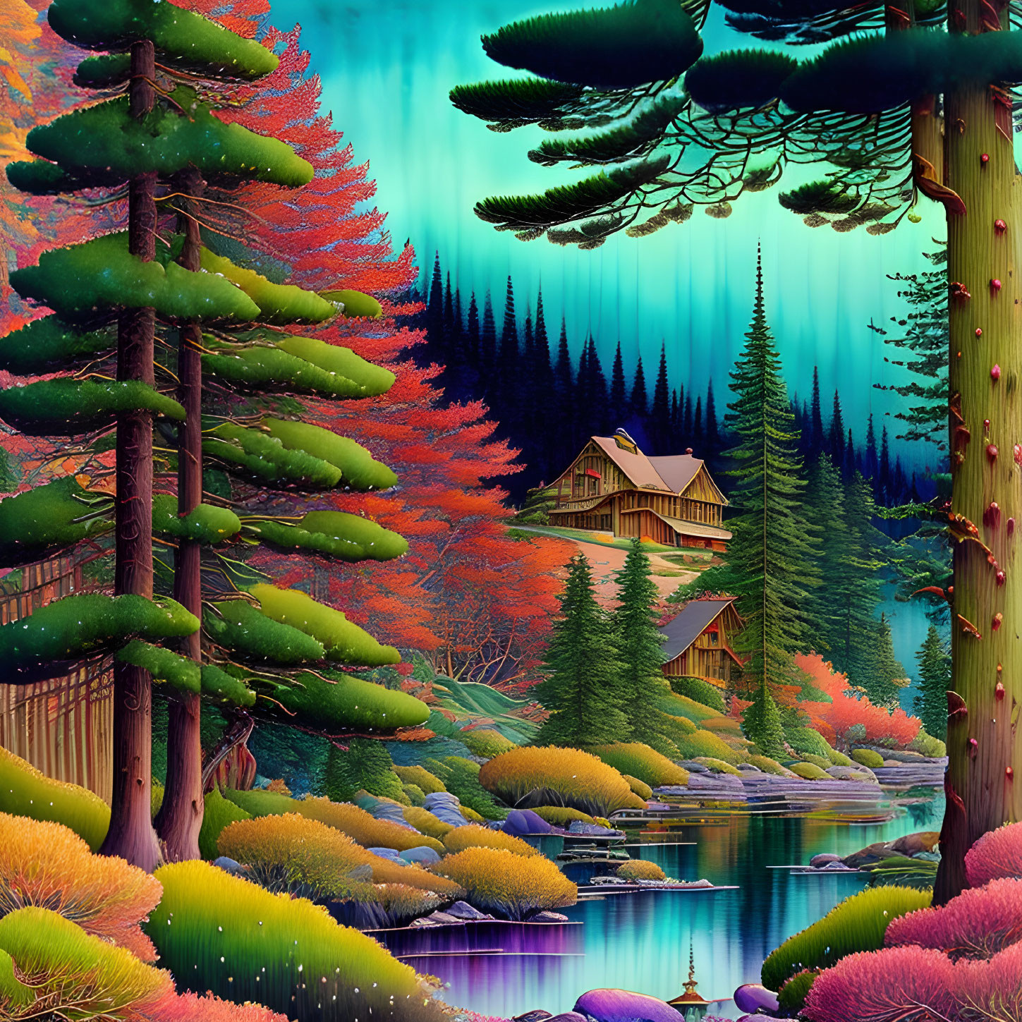 Colorful Forest Scene: Cabin, River, Evergreens, Autumn Trees