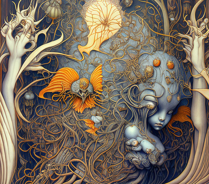 Detailed Blue Humanoid Figure Surrounded by Fantastical Flora and Fauna