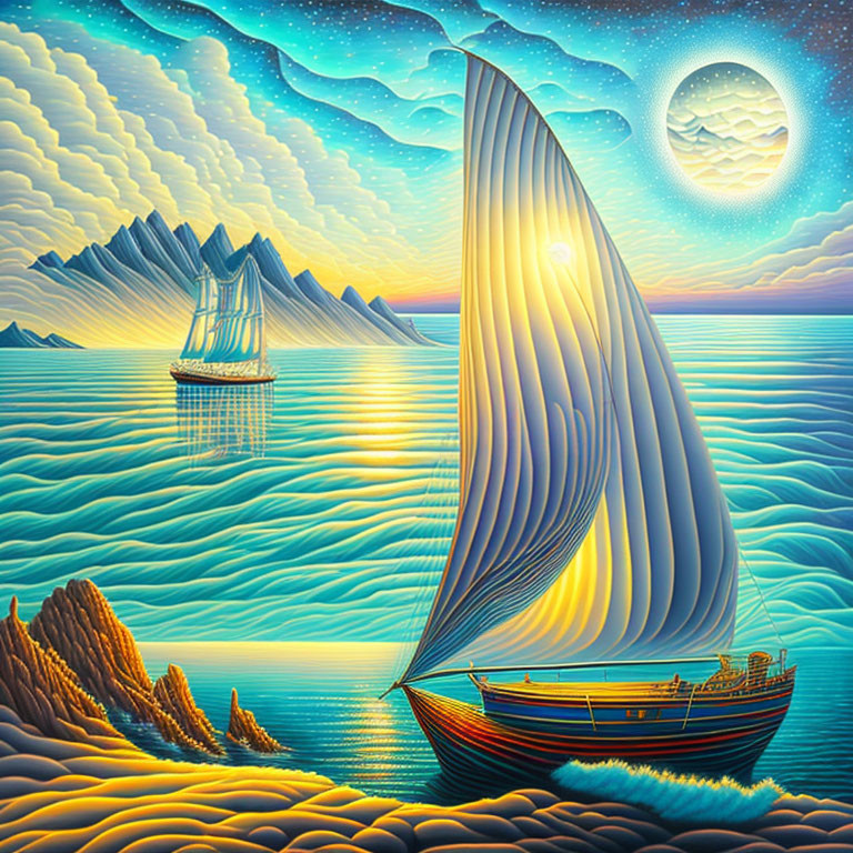 Sailboat painting: billowing sail on serene sea with moonlit mountains