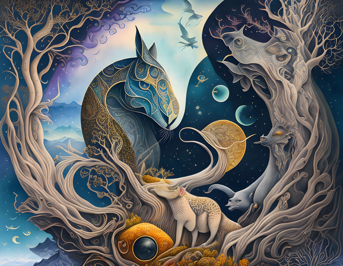 Stylized fox with ornate patterns in mystical fantasy scene