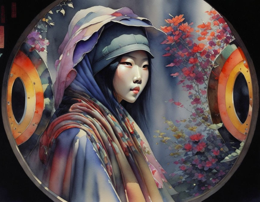 Stylized painting of girl with blue headscarf and expressive eyes surrounded by flowers.