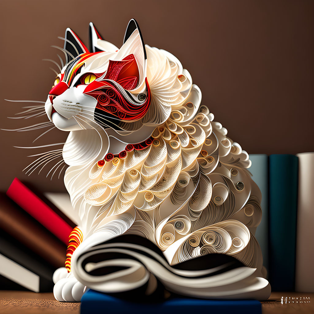 Stylized white cat digital art among books with red detailing