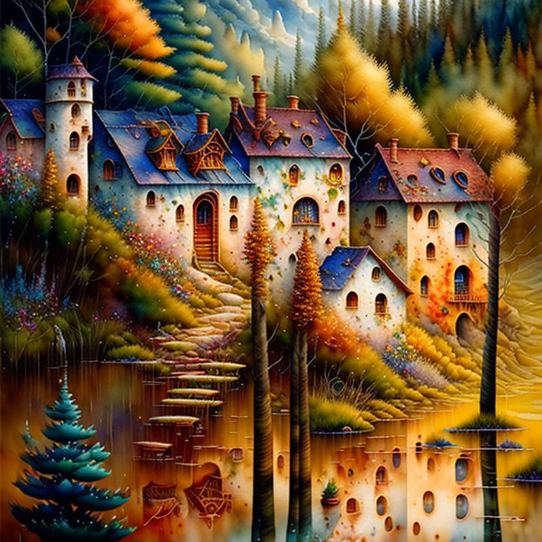 Whimsical village painting with autumn trees and tranquil lake