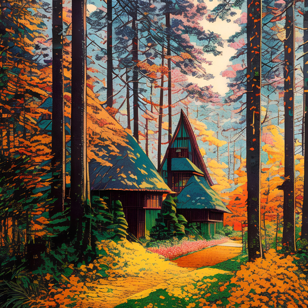 Colorful Autumn Forest Cabin Illustration in Vibrant Style