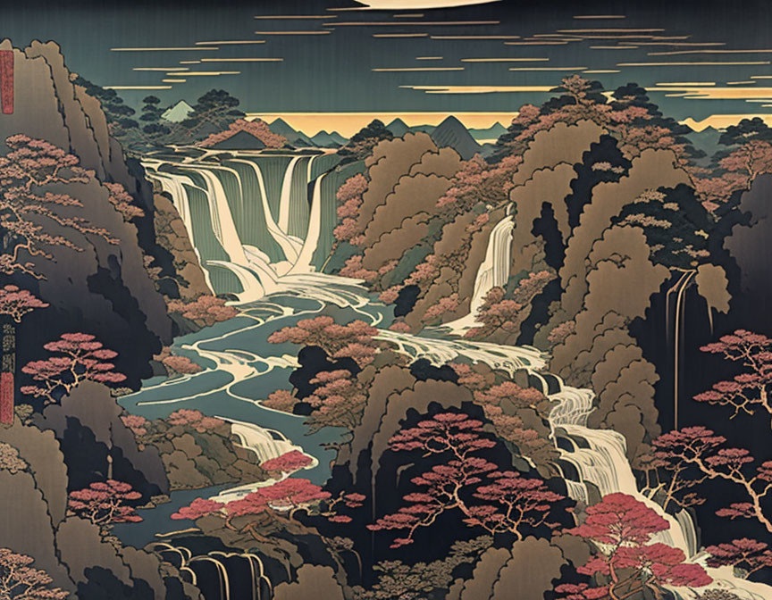 Japanese Woodblock Print: Cascading Waterfall in Lush Forests