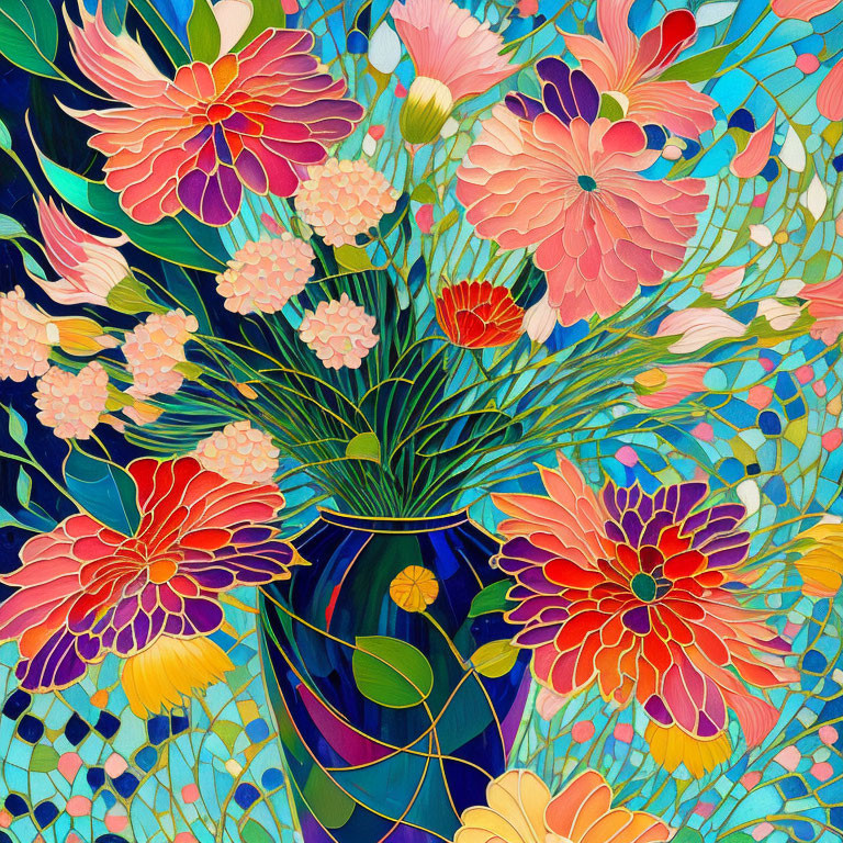 Colorful Flower Vase Illustration on Mosaic Background