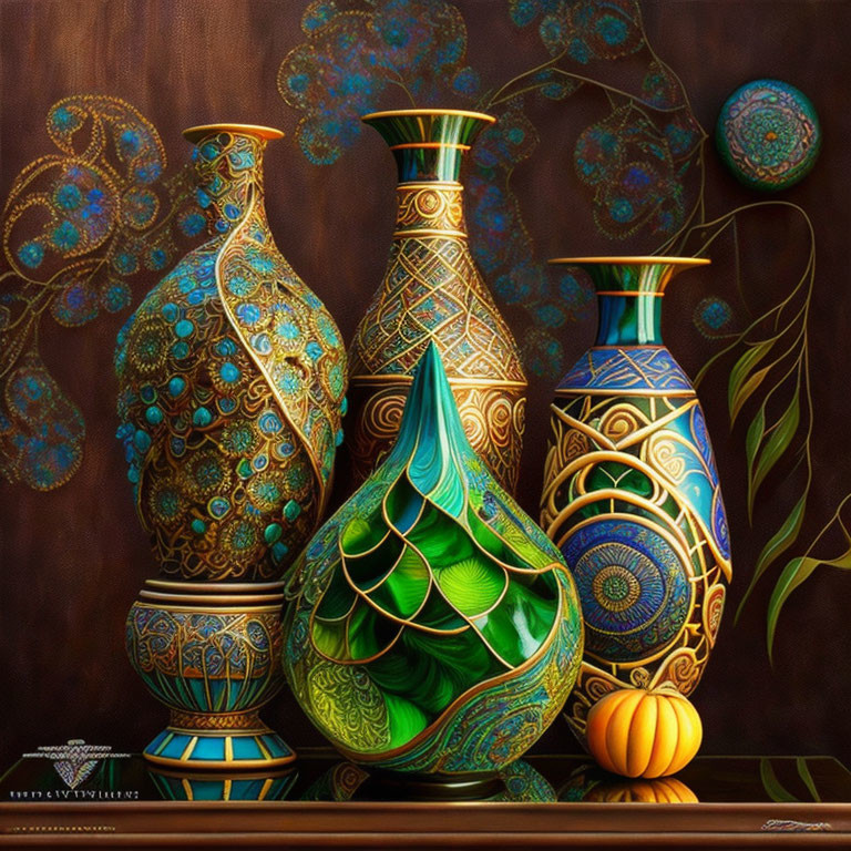 Five ornate vases featuring intricate patterns in blues, greens, and golds on a backdrop of