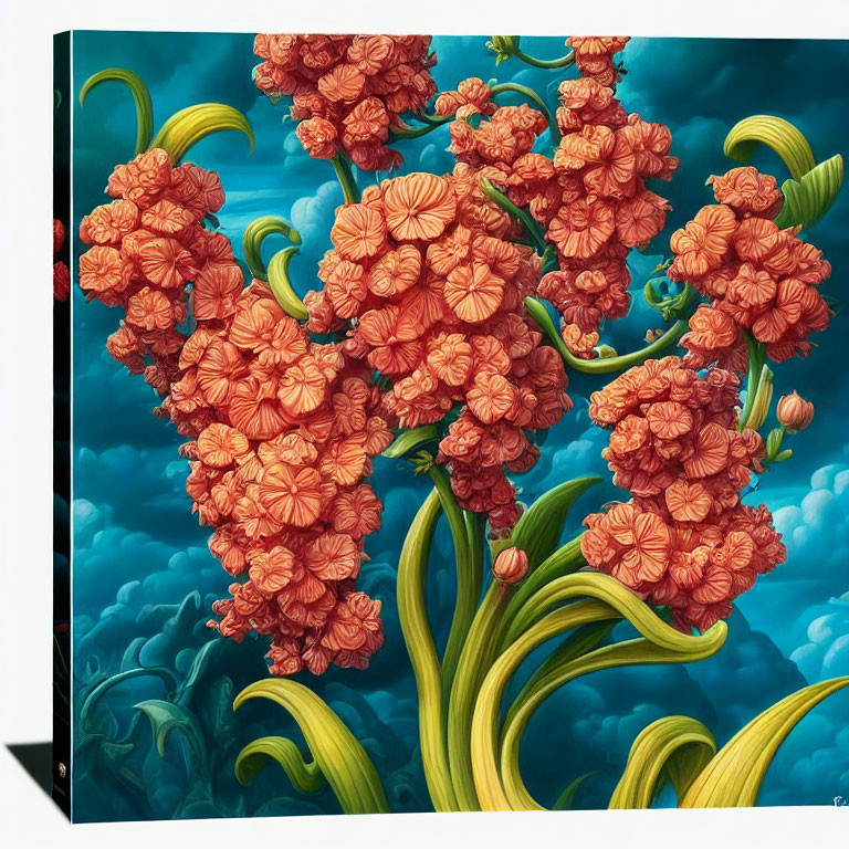 Vibrant red-orange flowers with intricate petals against lush green leaves on a deep blue cloud backdrop