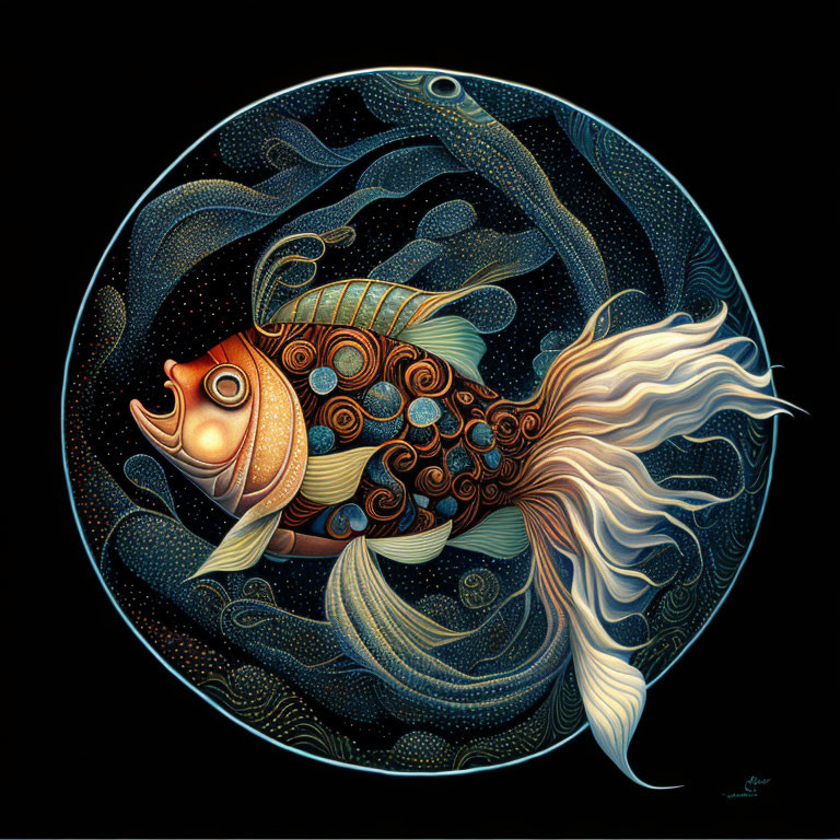 Ornate goldfish illustration with flowing fins and intricate patterns on dark background