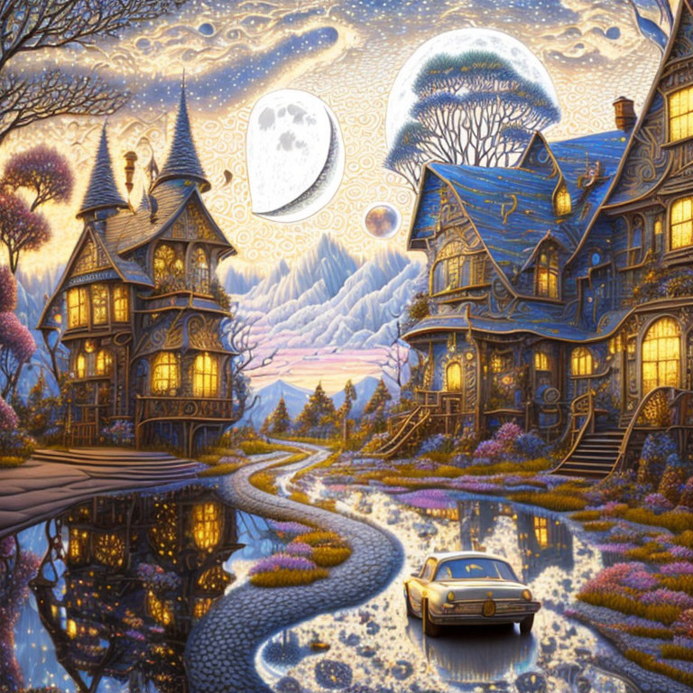 Surreal landscape with whimsical houses, full moon, reflective waters, and flowering trees