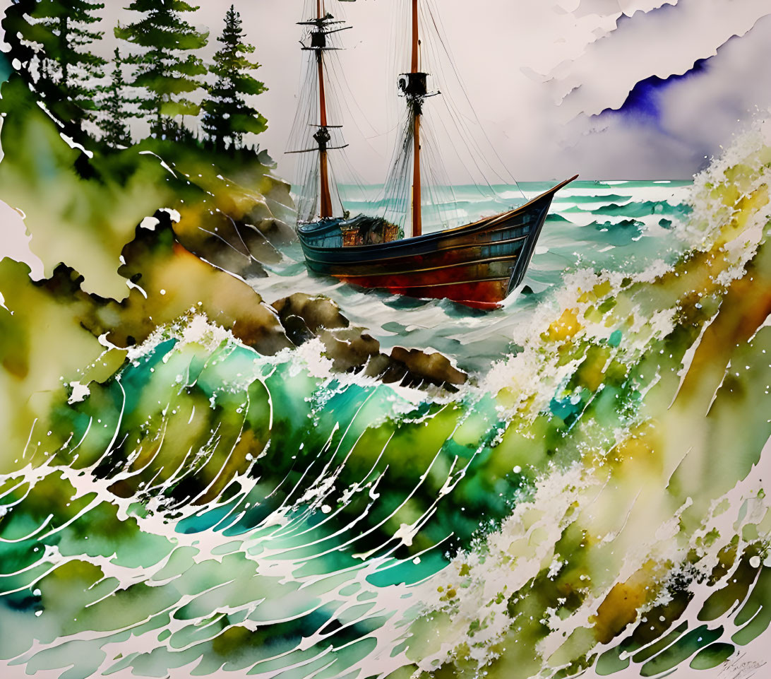 Watercolor painting of ship near rocky shores with crashing waves & pine trees