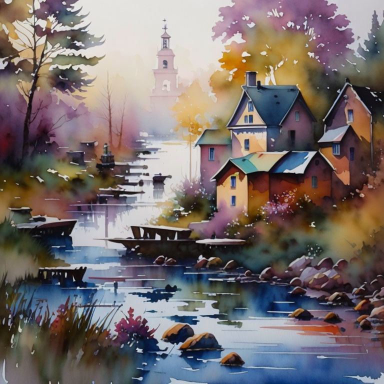 Tranquil watercolor painting of serene village by river