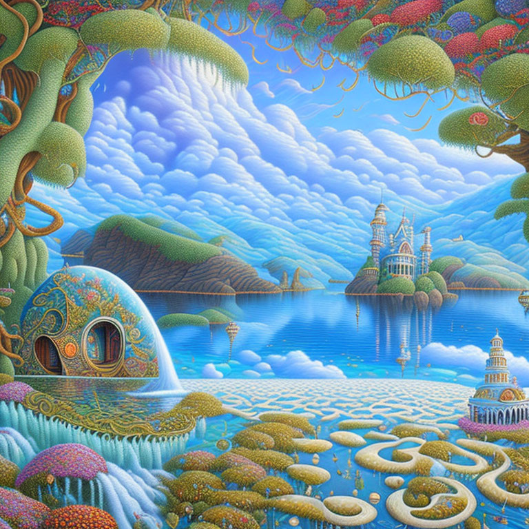 Fantasy landscape with whimsical structures, lush trees, undulating clouds, dreamlike castle, and