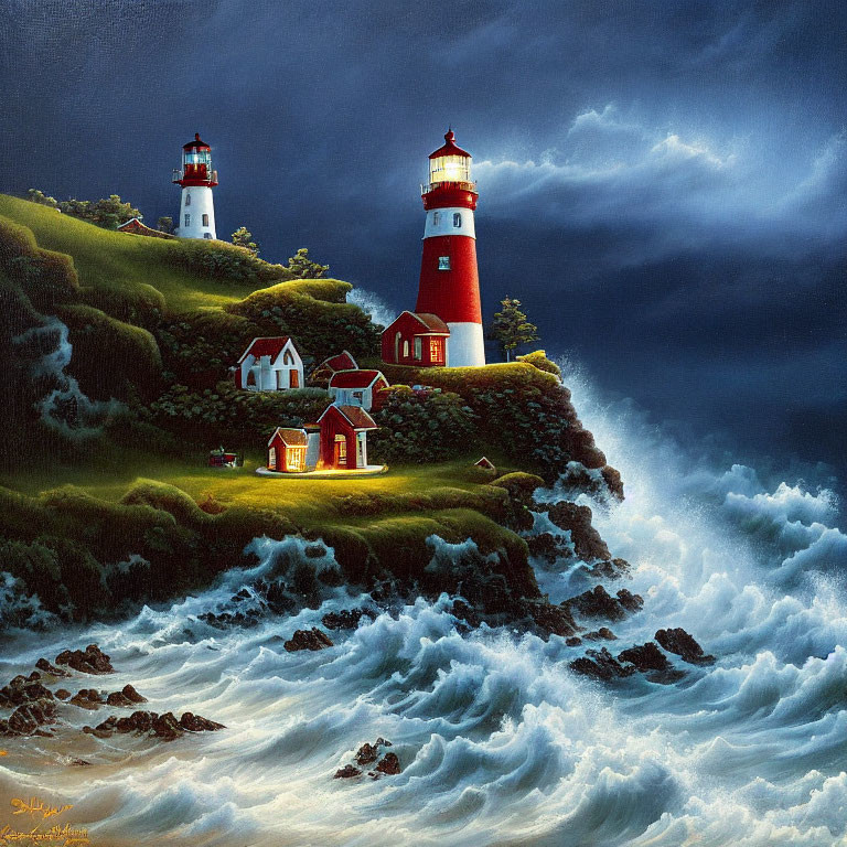 Stormy seaside cliff with two lighthouses, crashing waves, and dark sky