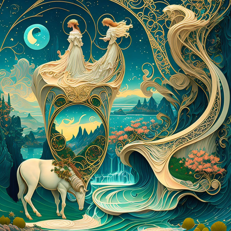 Ethereal women and unicorn in golden frame with fantastical landscape