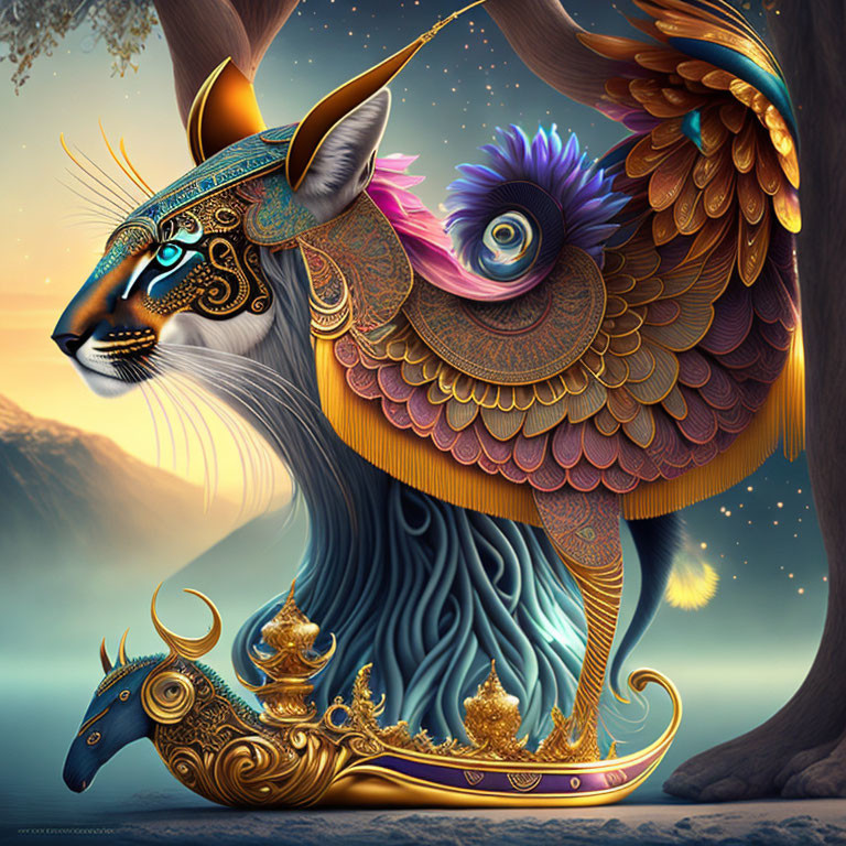 Fantastical creature digital artwork with lynx, bird, and goat features