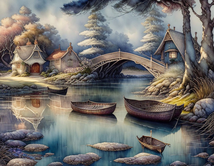 Tranquil fantasy scene: thatched cottages, wooden bridge, rowboats, reflective river,