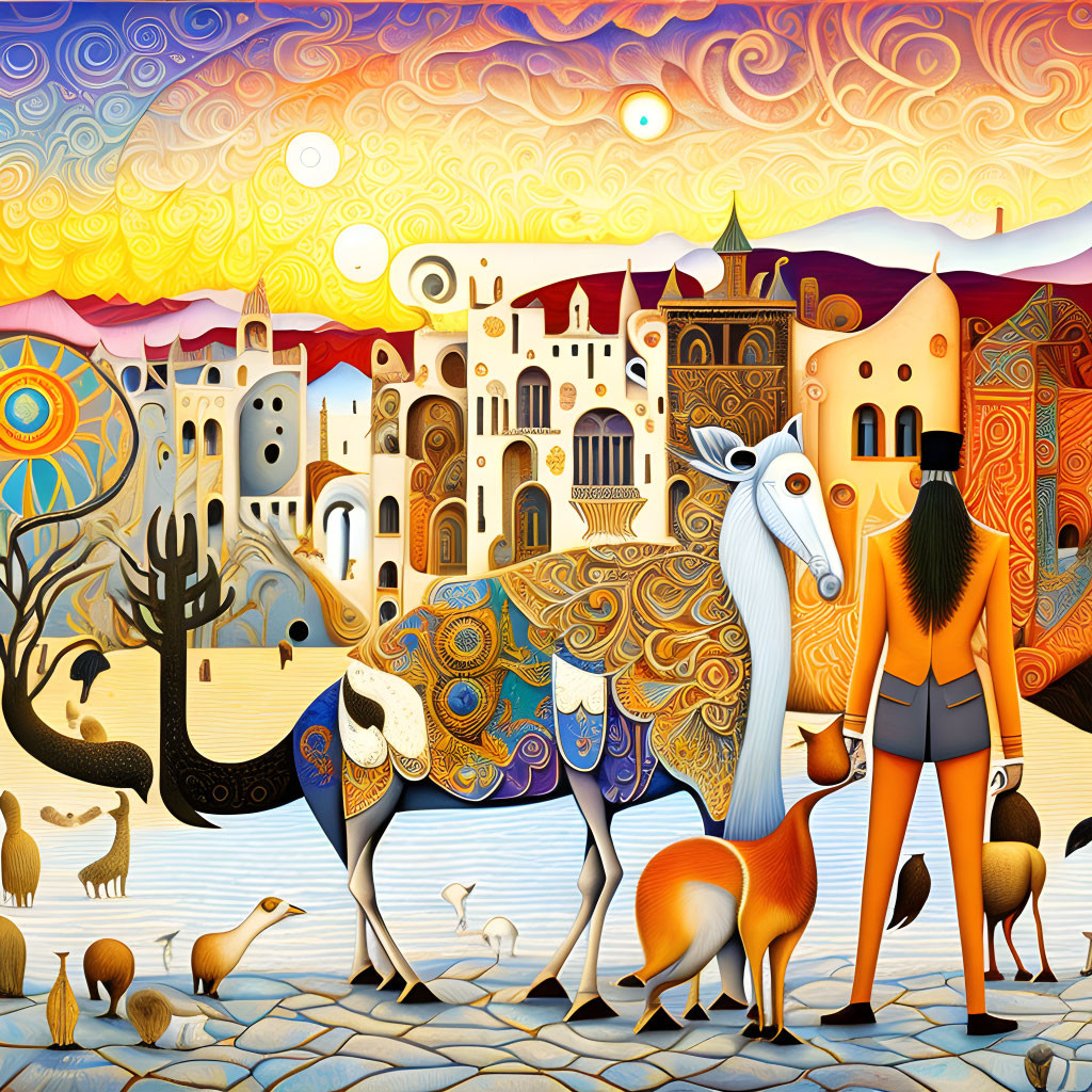 Colorful Townscape with Stylized Animals and Human Figure in Whimsical Artwork