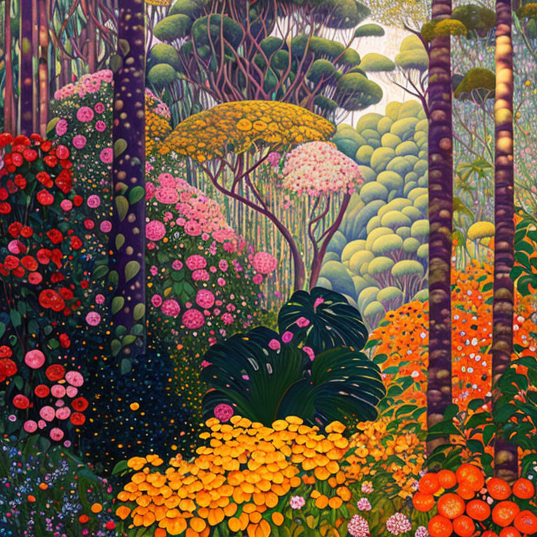 Colorful Stylized Painting of Lush Forest with Vibrant Foliage