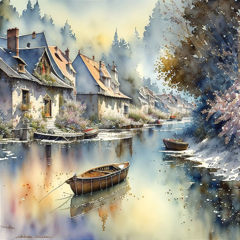 Tranquil watercolor painting: village by river with autumn trees