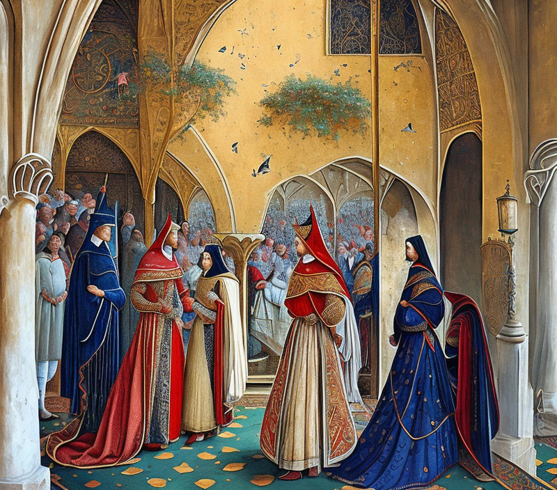 Medieval-style painting of indoor ceremony with elegant figures and ornate arches