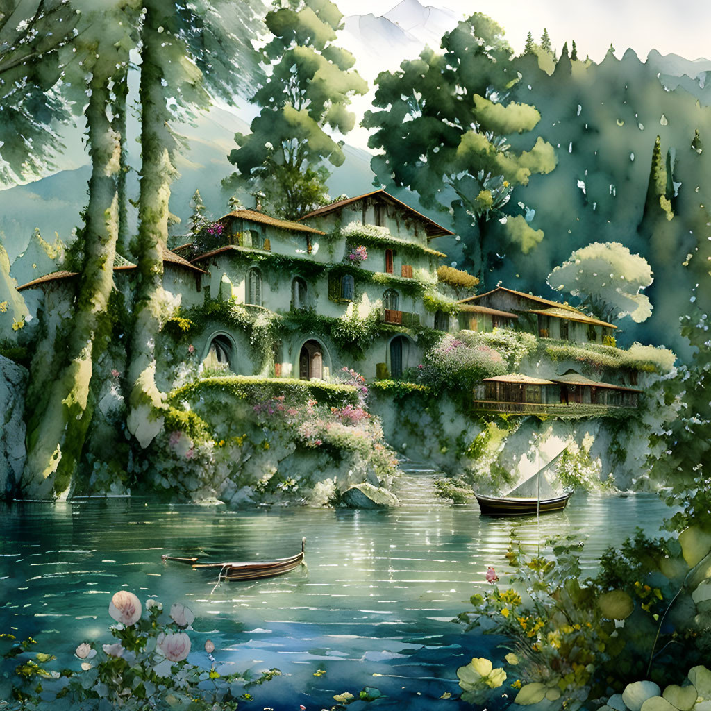 Tranquil landscape: Ivy-covered villa, serene lake, rowboats, vibrant flora, misty