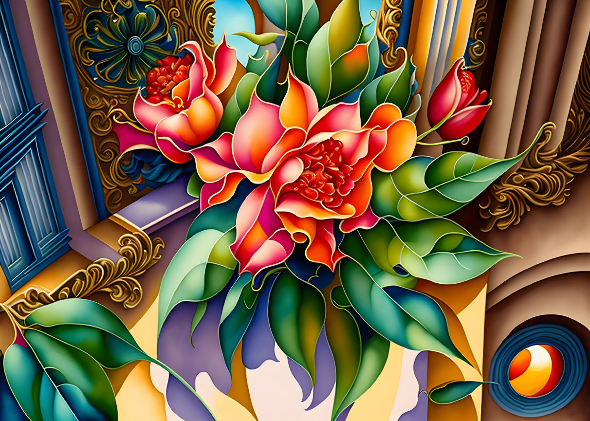 Colorful Stylized Painting of Red and Yellow Flower with Geometric Background