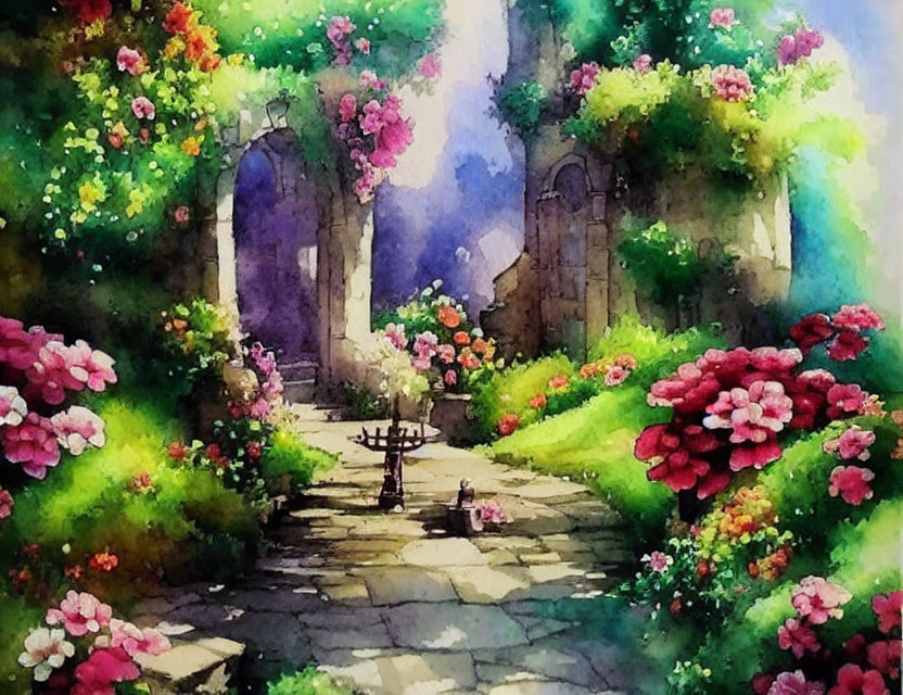 Lush garden path with blooming flowers and stone archway