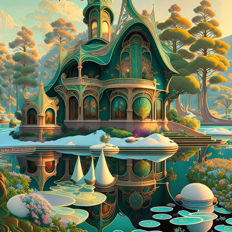 Intricate, ornate building by serene lake with lush trees