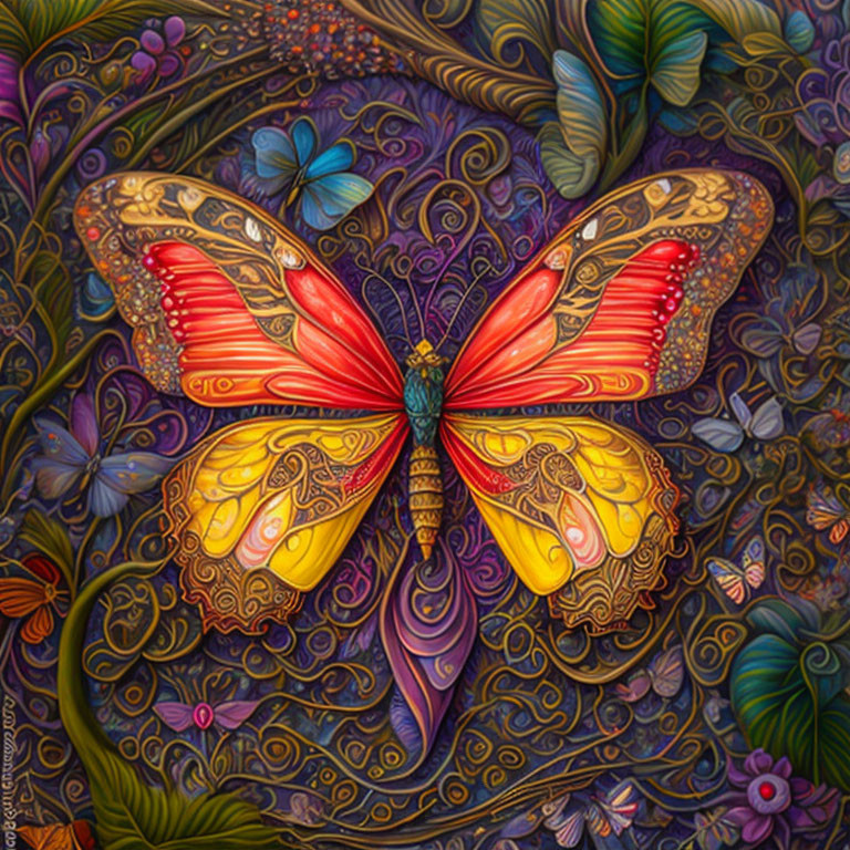 Colorful Butterfly Artwork with Red and Yellow Wings on Floral Background