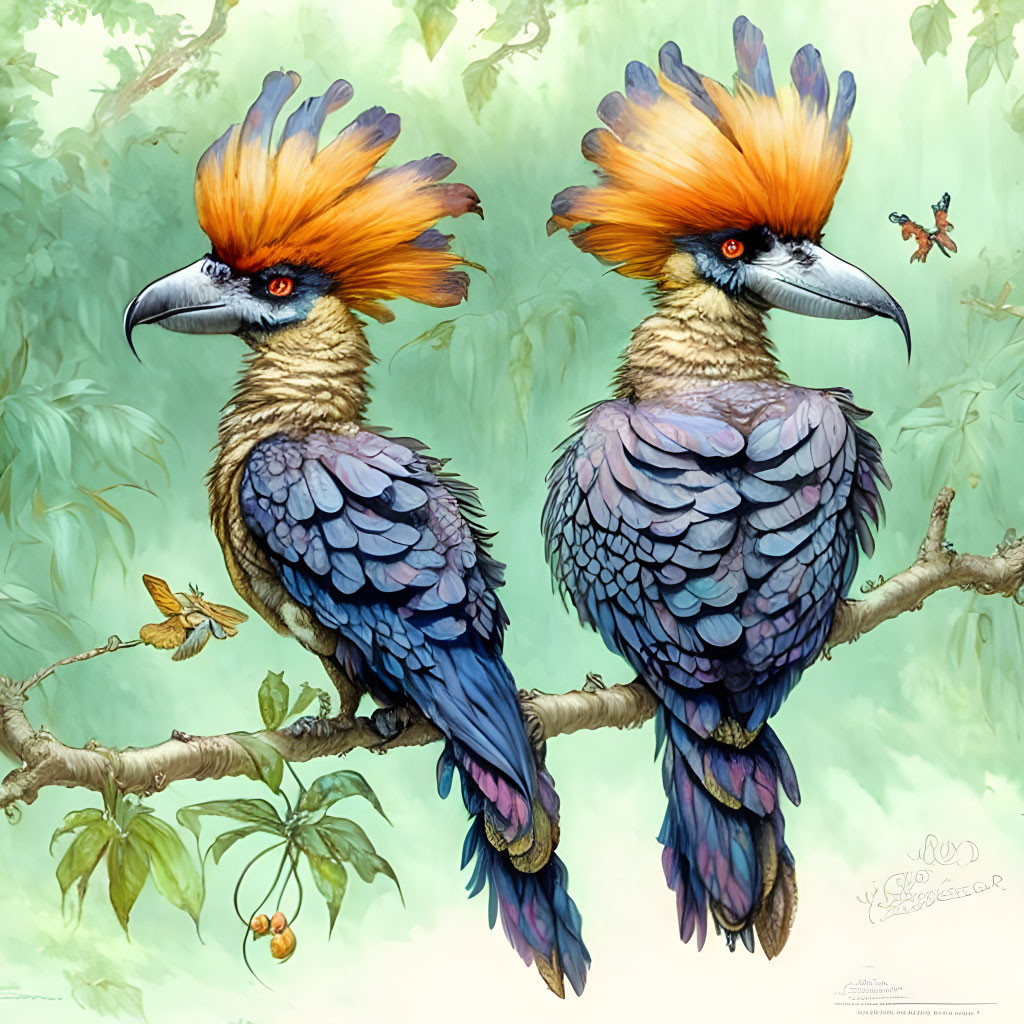 Colorful Crested Birds Perched in Green Environment