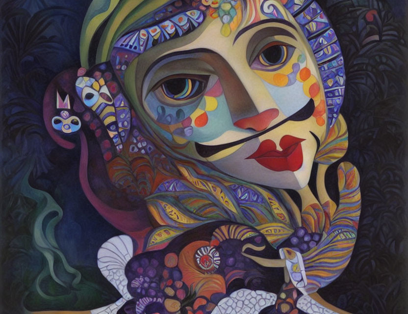 Vibrant painting of stylized face with cat, intricate details and dreamlike hues.