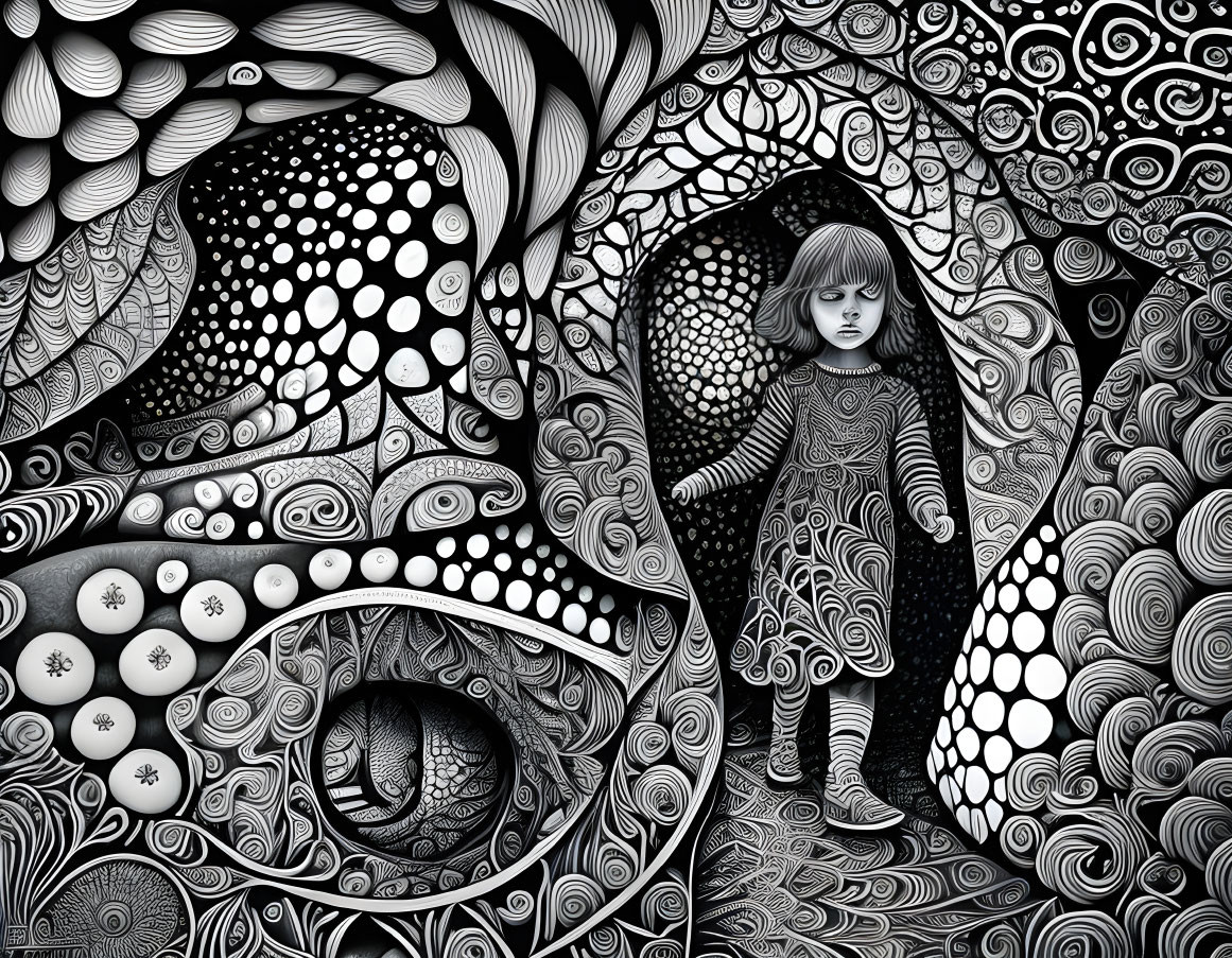 Monochromatic surreal artwork of child in intricate organic patterns