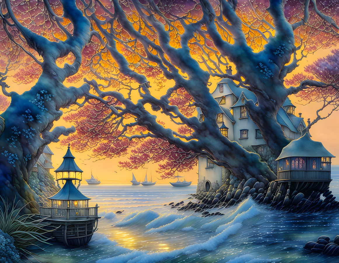 Colorful seaside illustration with house, trees, gazebo, and ships.