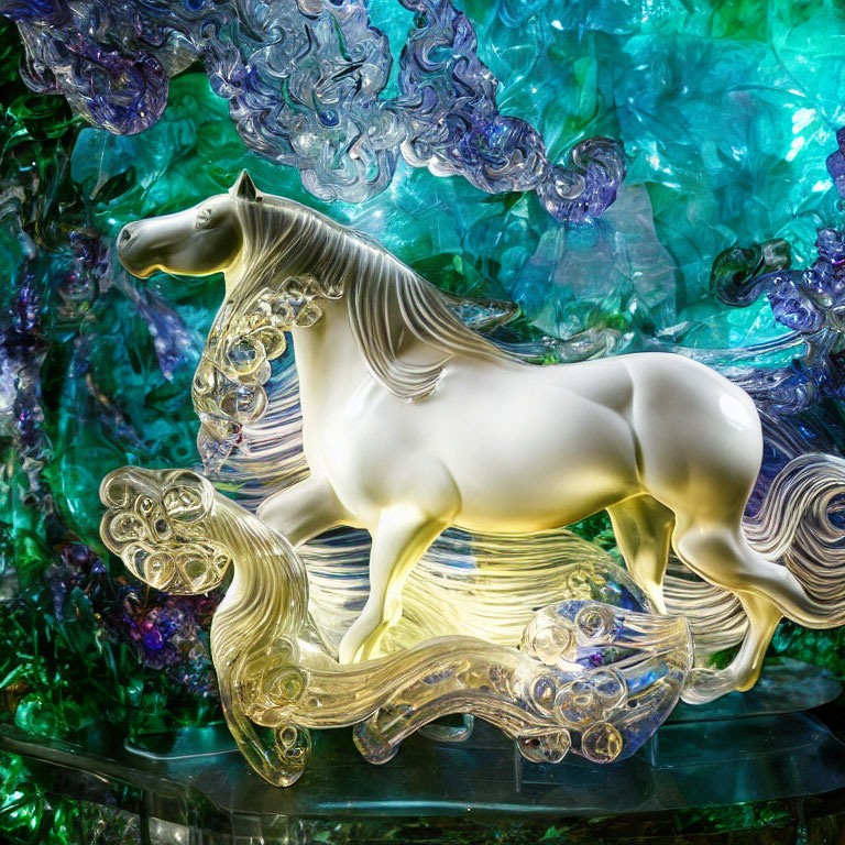 White Horse Glass Sculpture Against Blue and Green Background