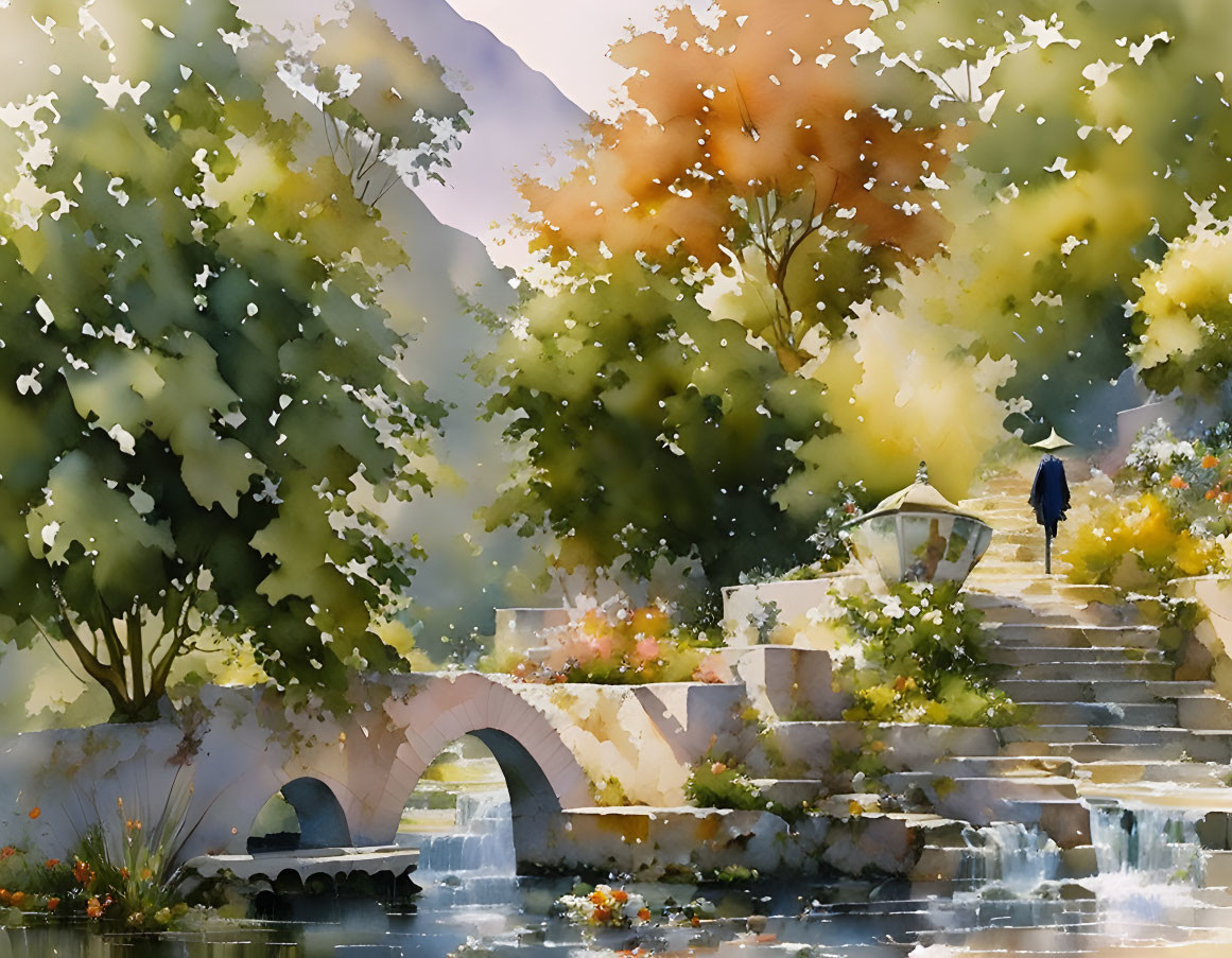 Serene Watercolor Painting of Person on Bridge Over River