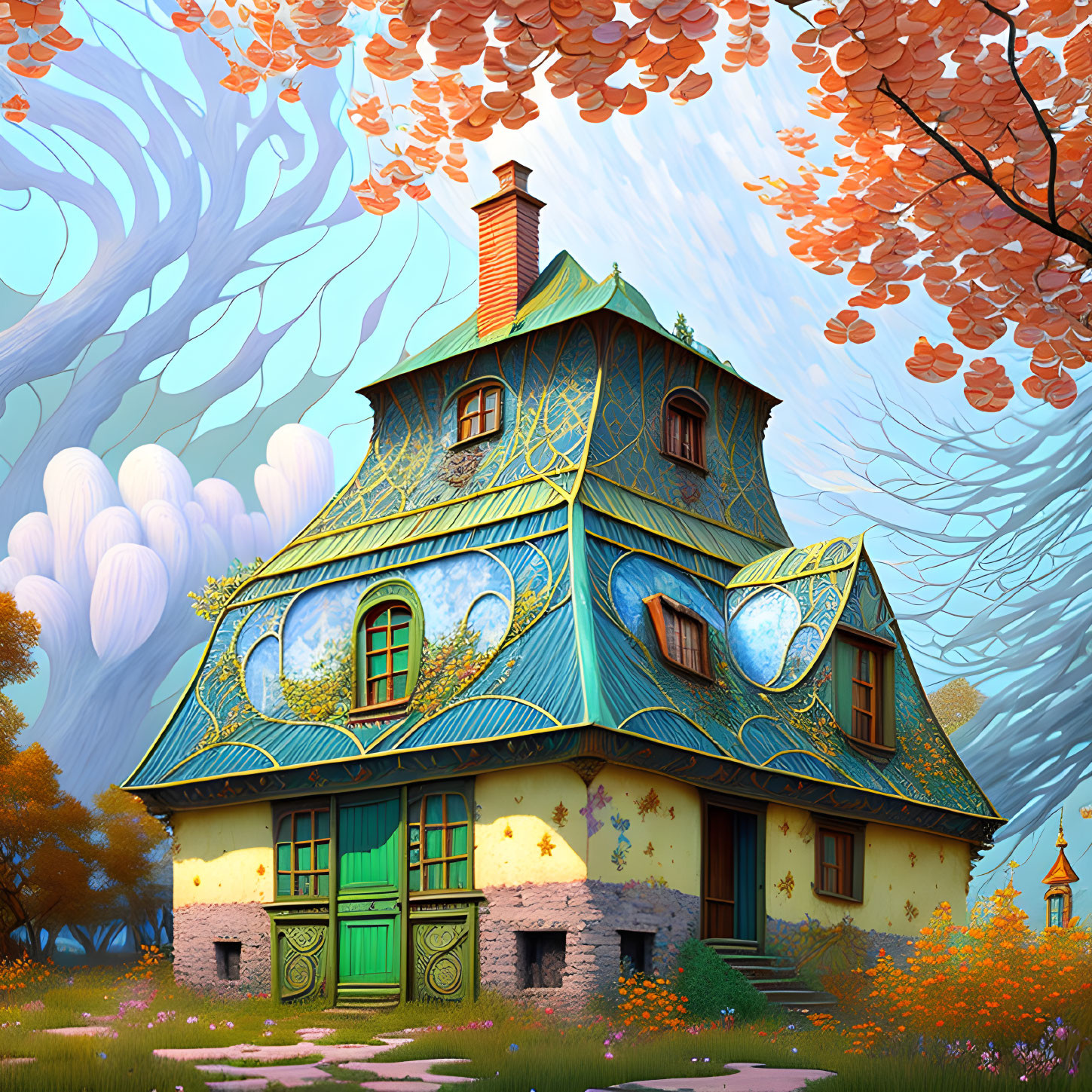 Colorful Whimsical House Surrounded by Vibrant Trees and Pink Foliage