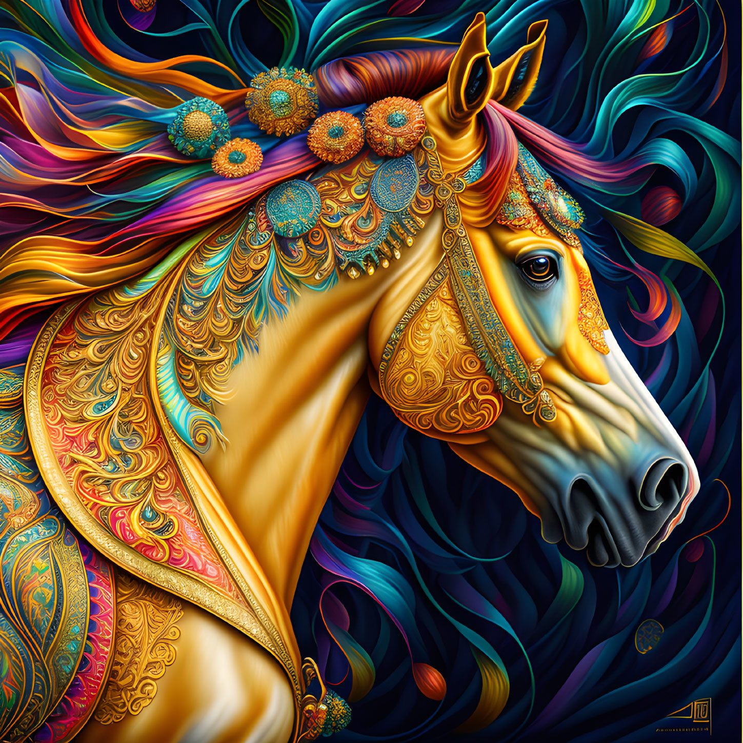 Golden horse digital artwork with ornate patterns and jeweled mane