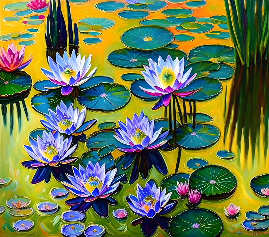 Colorful water lilies painting with pink and white blooms on pond.