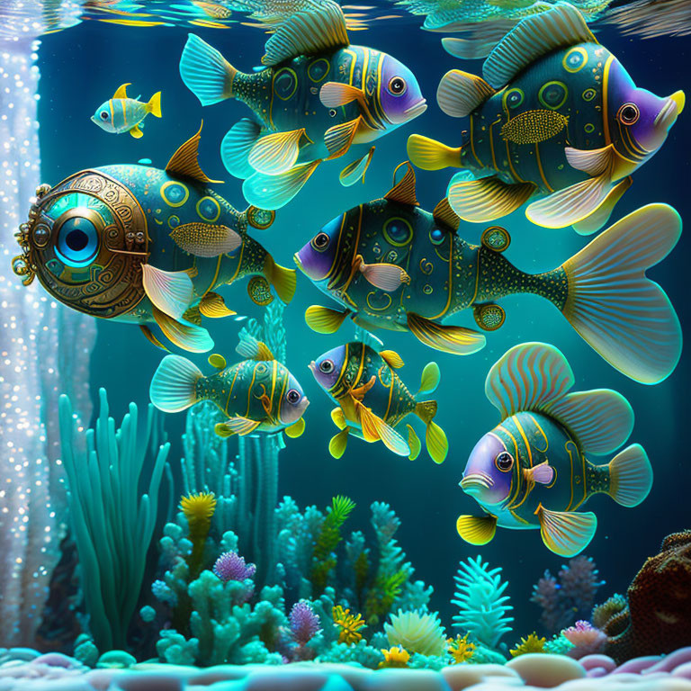 Vibrant Underwater Scene with Robotic Fish and Coral Reefs