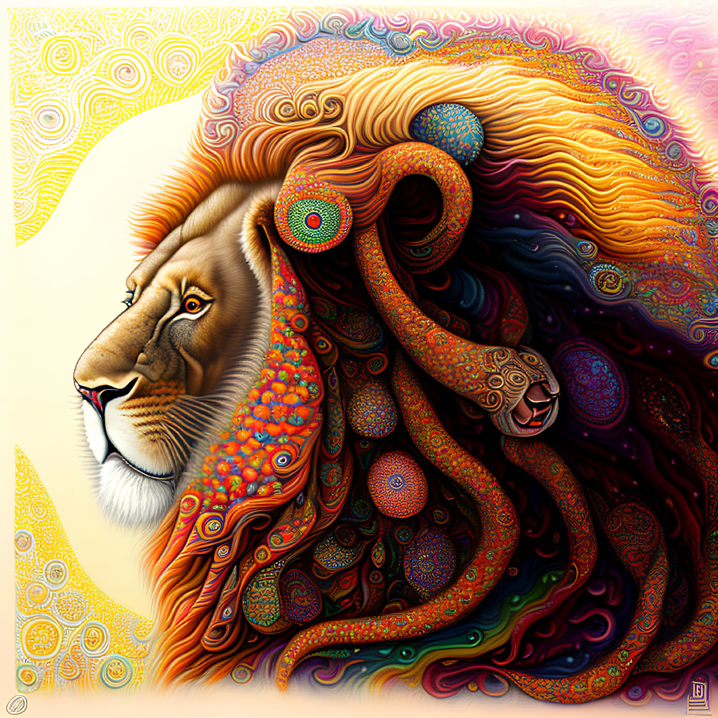 Colorful Digital Artwork of Stylized Lion with Intricate Mane