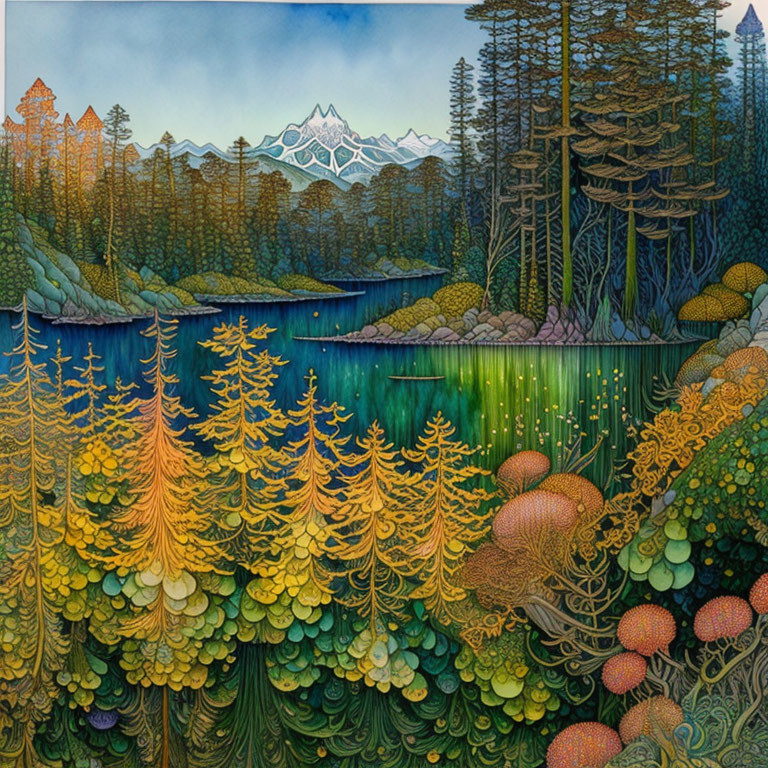 Vibrant forest illustration with trees, moss, lake, and mountains