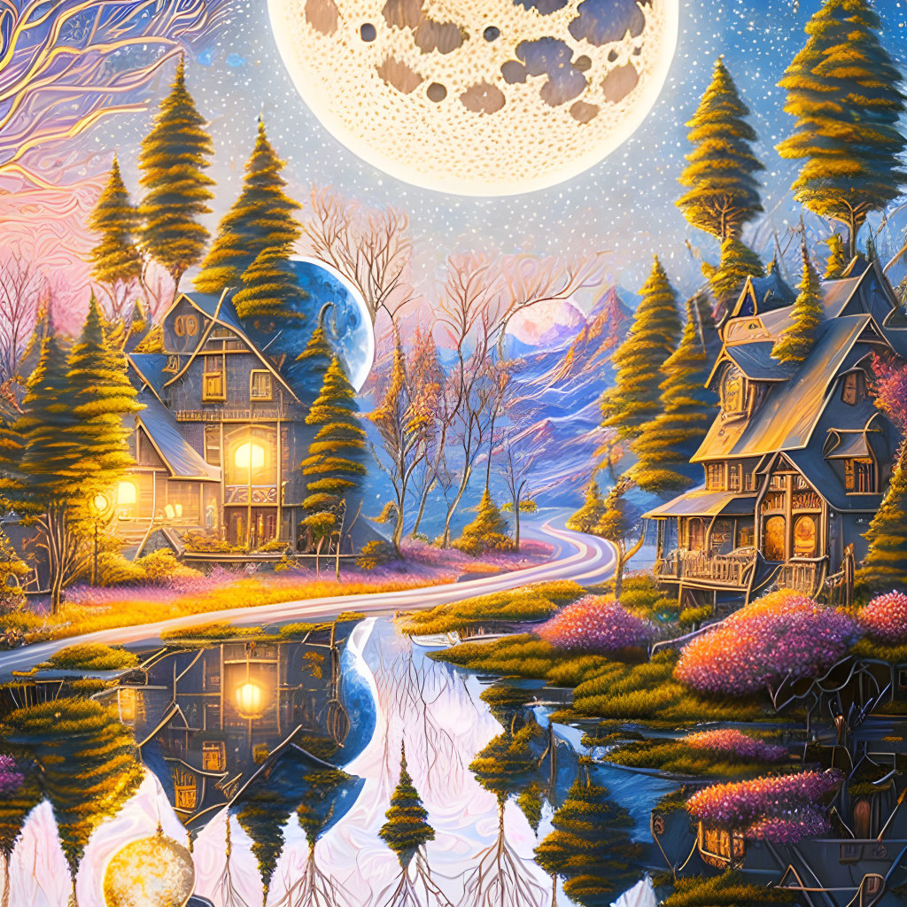 Colorful Fantasy Night Landscape with Full Moon, Reflective River, Quaint House, and Starry