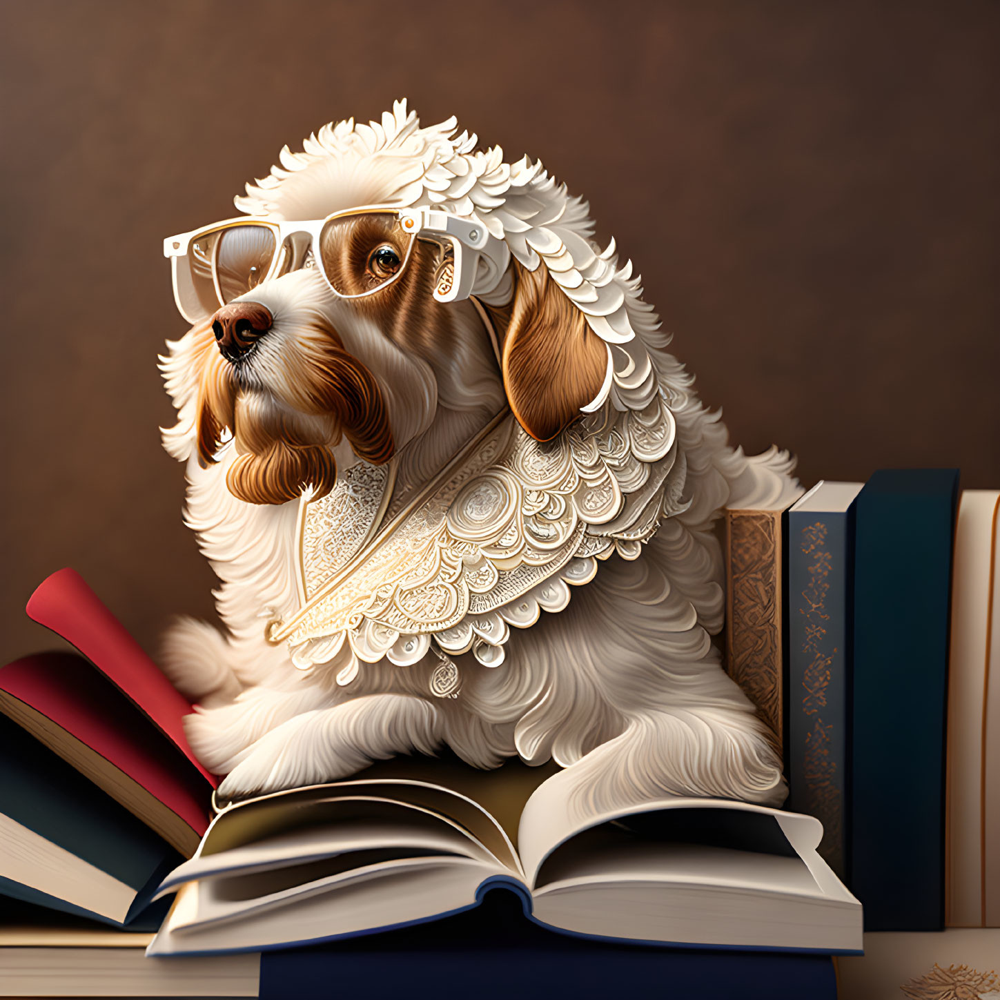 Illustrated dog with glasses and fancy collar next to books symbolizes scholarly demeanor